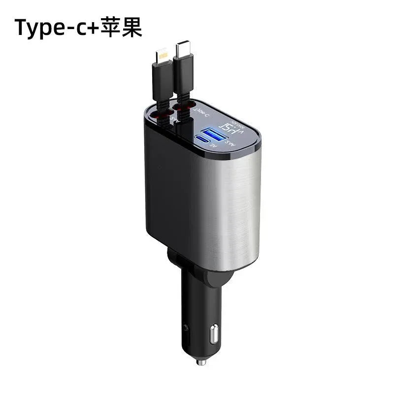 4-in-1 Retractable Car Charger with Dual USB-C Cables and Fast Charging Ports