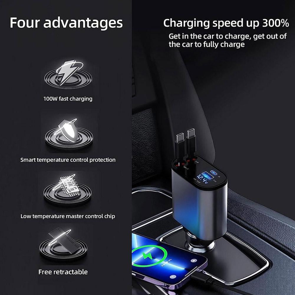 4-in-1 Retractable Car Charger with Dual USB-C Cables and Fast Charging Ports