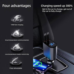 4-in-1 Retractable Car Charger with Dual USB-C Cables and Fast Charging Ports
