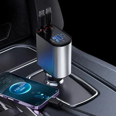 4-in-1 Retractable Car Charger with Dual USB-C Cables and Fast Charging Ports